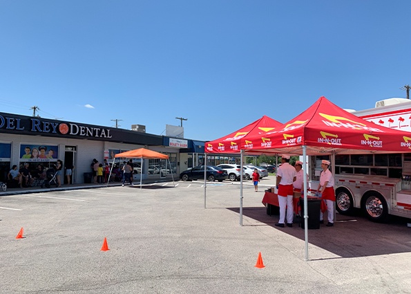 Game table set up outside of Del Rey Dental office