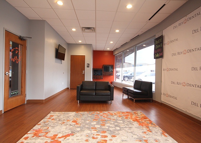 Comfortable and colorful dental waiting room